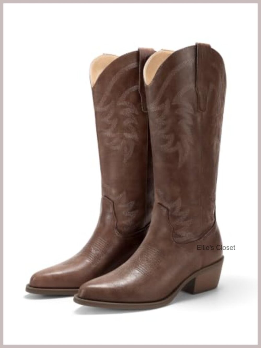 Mid Calf Western Cowboy Boots Embroidered Faux Leather Pointed Toe Block Heel